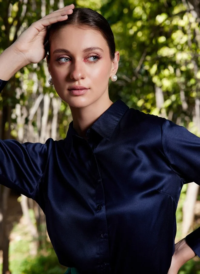 STREET 9 Navy Blue Satin Casual Shirt for Women