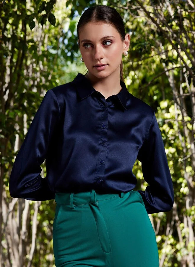 STREET 9 Navy Blue Satin Casual Shirt for Women