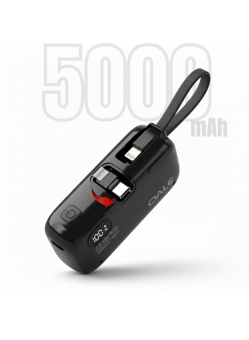 Oale 5000mAh Mini Power Bank 22.5W Fast Charging, Built-in Back Stand, Type-C & Lightning Ports, Ultra-Slim Pocket Size Portable Charger, Fast Power Bank Compatible with iPhone, Samsung, Android Devices | Black - Image 3