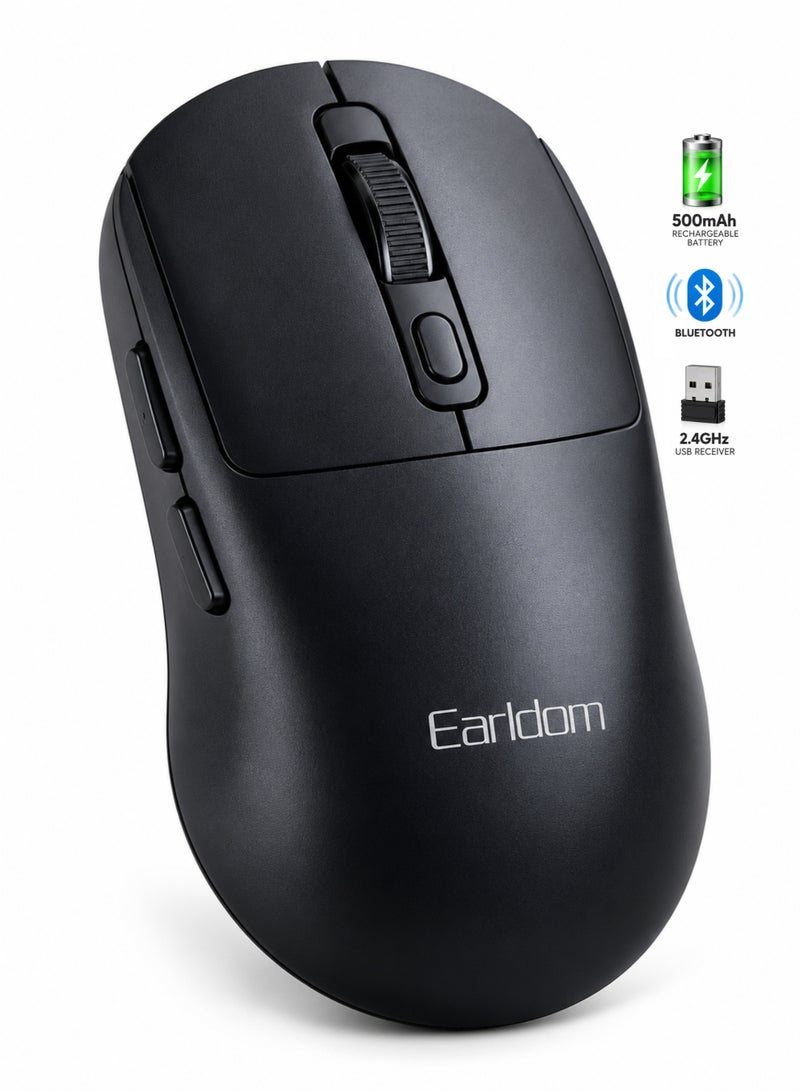 Earldom Wireless Mouse Bluetooth & 2.4GHz, Rechargeable 500mAh Computer Mouse, 1600 DPI, 6 Buttons, USB-C for Laptop PC, Black - Image 1