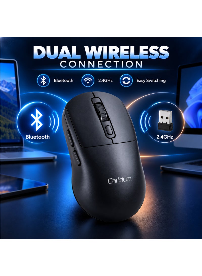 Earldom Wireless Mouse Bluetooth & 2.4GHz, Rechargeable 500mAh Computer Mouse, 1600 DPI, 6 Buttons, USB-C for Laptop PC, Black - Image 2