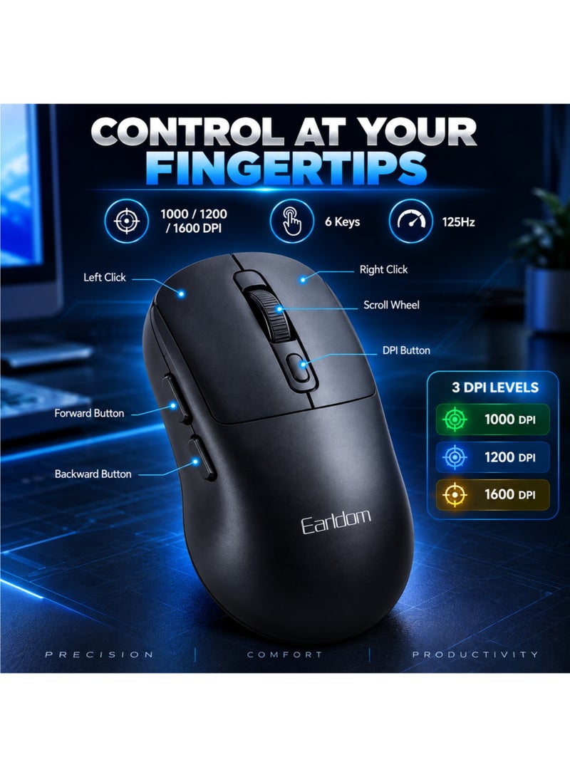 Earldom Wireless Mouse Bluetooth & 2.4GHz, Rechargeable 500mAh Computer Mouse, 1600 DPI, 6 Buttons, USB-C for Laptop PC, Black - Image 3