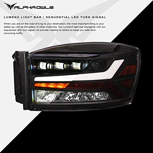 Alpha Owls 7180123 Quad-Pro Series Full LED Projector Headlights With White LED Light Bar & Sequential Signal - Black Amber Fits 2006-2008 Dodge Ram 1500/2006-2009 2500 3500 Halogen Models - Image 4
