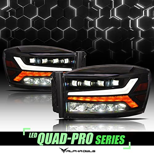 Alpha Owls 7180123 Quad-Pro Series Full LED Projector Headlights With White LED Light Bar & Sequential Signal - Black Amber Fits 2006-2008 Dodge Ram 1500/2006-2009 2500 3500 Halogen Models - Image 2