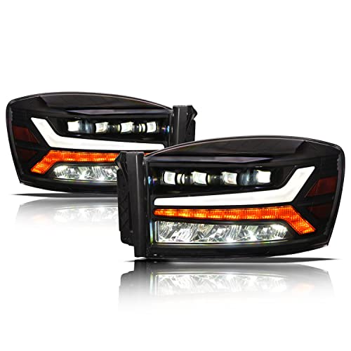 Alpha Owls 7180123 Quad-Pro Series Full LED Projector Headlights With White LED Light Bar & Sequential Signal - Black Amber Fits 2006-2008 Dodge Ram 1500/2006-2009 2500 3500 Halogen Models - Image 1