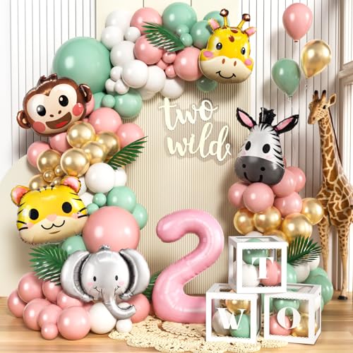 SNLN Two Wild Birthday Decorations Jungle Theme 2nd Birthday Decorations for Girl Huge Jungle Safari Animal Foil Balloons Pink Sage Green Balloon Arch Number 2 Balloon Leaf Box 2nd Decoration for Girl - Image 1
