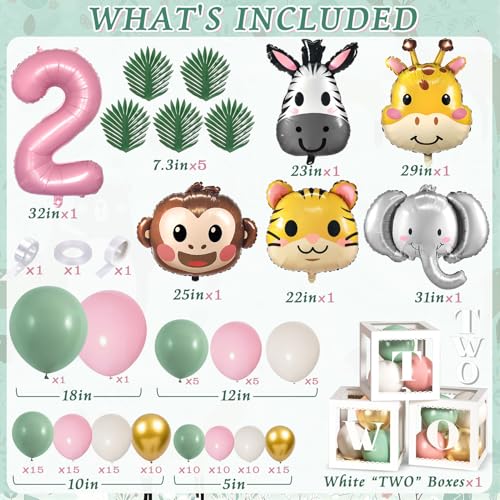 SNLN Two Wild Birthday Decorations Jungle Theme 2nd Birthday Decorations for Girl Huge Jungle Safari Animal Foil Balloons Pink Sage Green Balloon Arch Number 2 Balloon Leaf Box 2nd Decoration for Girl - Image 5