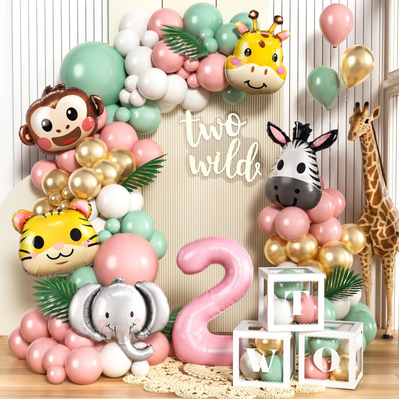 SNLN Two Wild Birthday Decorations Jungle Theme 2nd Birthday Decorations for Girl Huge Jungle Safari Animal Foil Balloons Pink Sage Green Balloon Arch Number 2 Balloon Leaf Box 2nd Decoration for Girl - Image 3