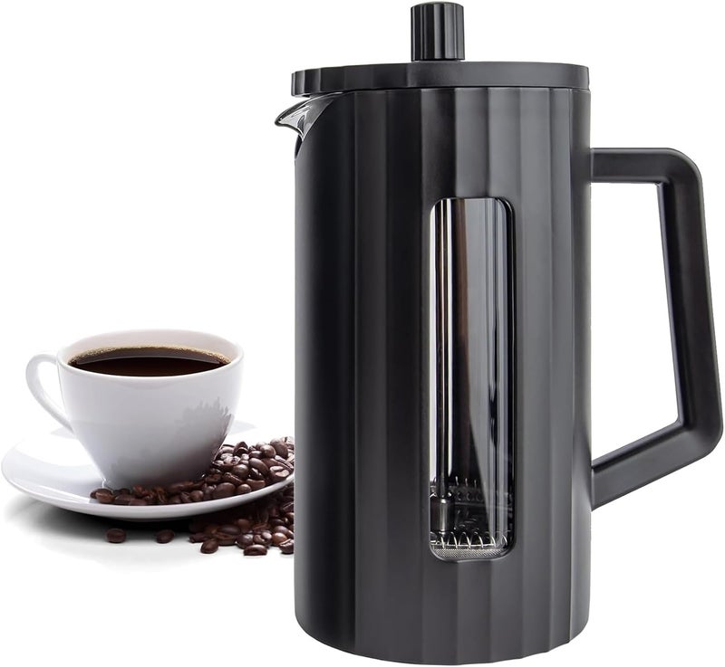 Masroo French Press Coffee Maker (34oz / 1L) Heat Resistant Thickness Borosilicate Glass and BPA Free Plastic Coffee Press Matte Black Lightweight Travel & 3 Level Filter Camping Coffee Maker - Image 1