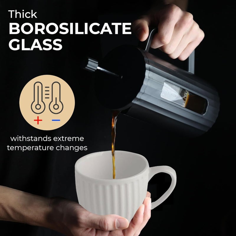 Masroo French Press Coffee Maker (34oz / 1L) Heat Resistant Thickness Borosilicate Glass and BPA Free Plastic Coffee Press Matte Black Lightweight Travel & 3 Level Filter Camping Coffee Maker - Image 4
