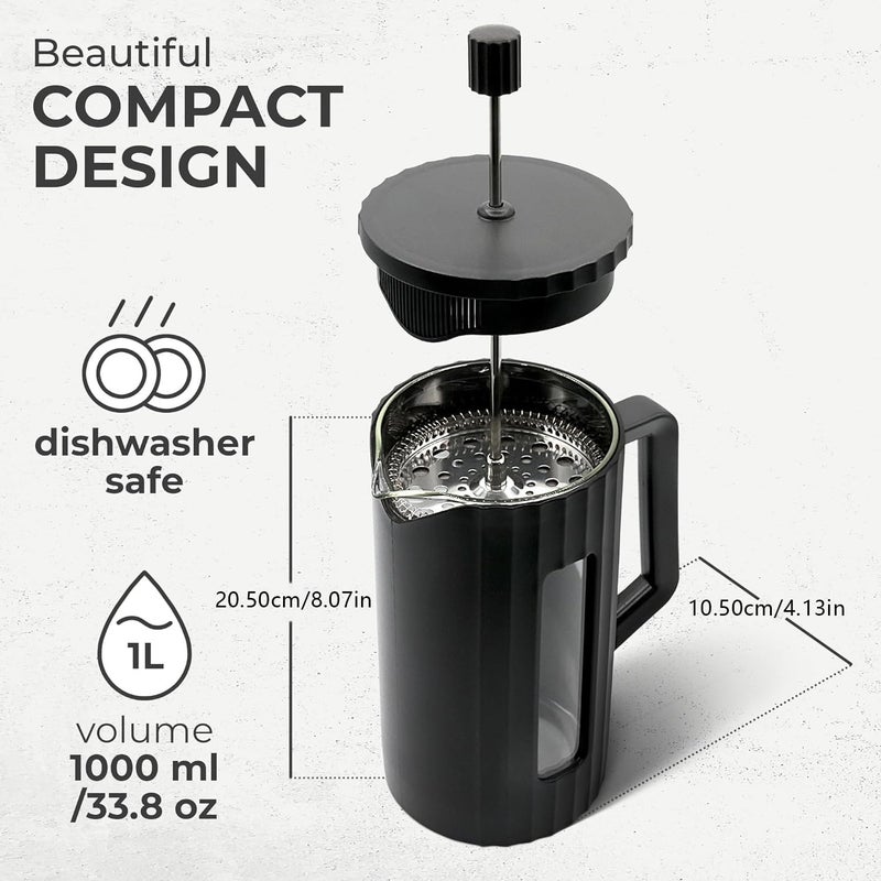 Masroo French Press Coffee Maker (34oz / 1L) Heat Resistant Thickness Borosilicate Glass and BPA Free Plastic Coffee Press Matte Black Lightweight Travel & 3 Level Filter Camping Coffee Maker - Image 5