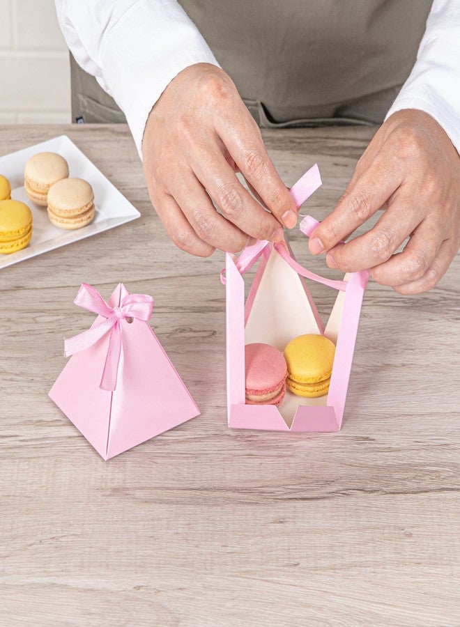 Restaurantware Pastry Tek 3 x 3 x 3 Inch Pyramid Favor Boxes 100 Pyramid Triangle Gift Boxes - Satin Ribbon Disposable Pink Paper Triangle Candy Boxes For Weddings Or Parties - Image 5
