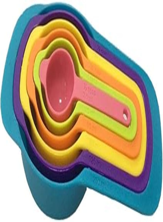 6 Pcs of Plastic Measuring Cups and Spoons Set. Stackable, Space Saving, Multi color