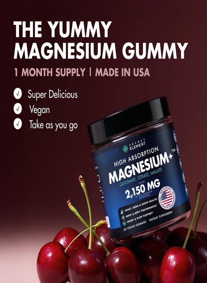 SECRET ELEMENT Magnesium Gummies 3in1 - Glycinate, Citrat, Malate 2150 MG High Absorption Supplement, Sugar-Free, Vegan, Chews for Men & Women, Inspired by Wellness Traditions Like Arjuna, 60 Gummies, Cherry Flavor - Image 2
