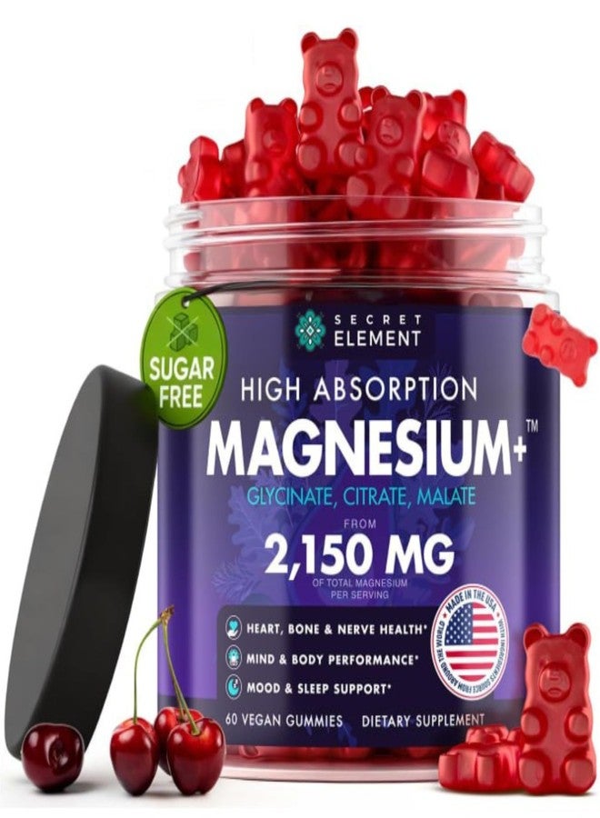 SECRET ELEMENT Magnesium Gummies 3in1 - Glycinate, Citrat, Malate 2150 MG High Absorption Supplement, Sugar-Free, Vegan, Chews for Men & Women, Inspired by Wellness Traditions Like Arjuna, 60 Gummies, Cherry Flavor - Image 1
