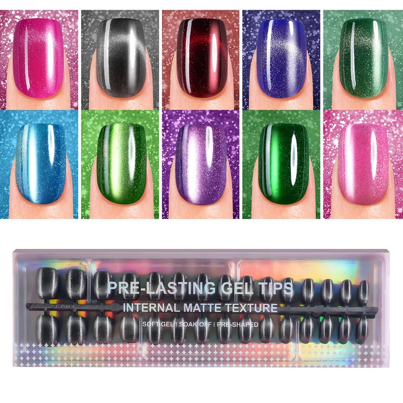 Plauva Cat Eye Press on Nails Short Square, 300Pcs Soft Gel Fake Nails, Glossy Glitter Cat Eye Nail Tips for Women and Girls Stick On Nails in 15 Sizes - Image 1