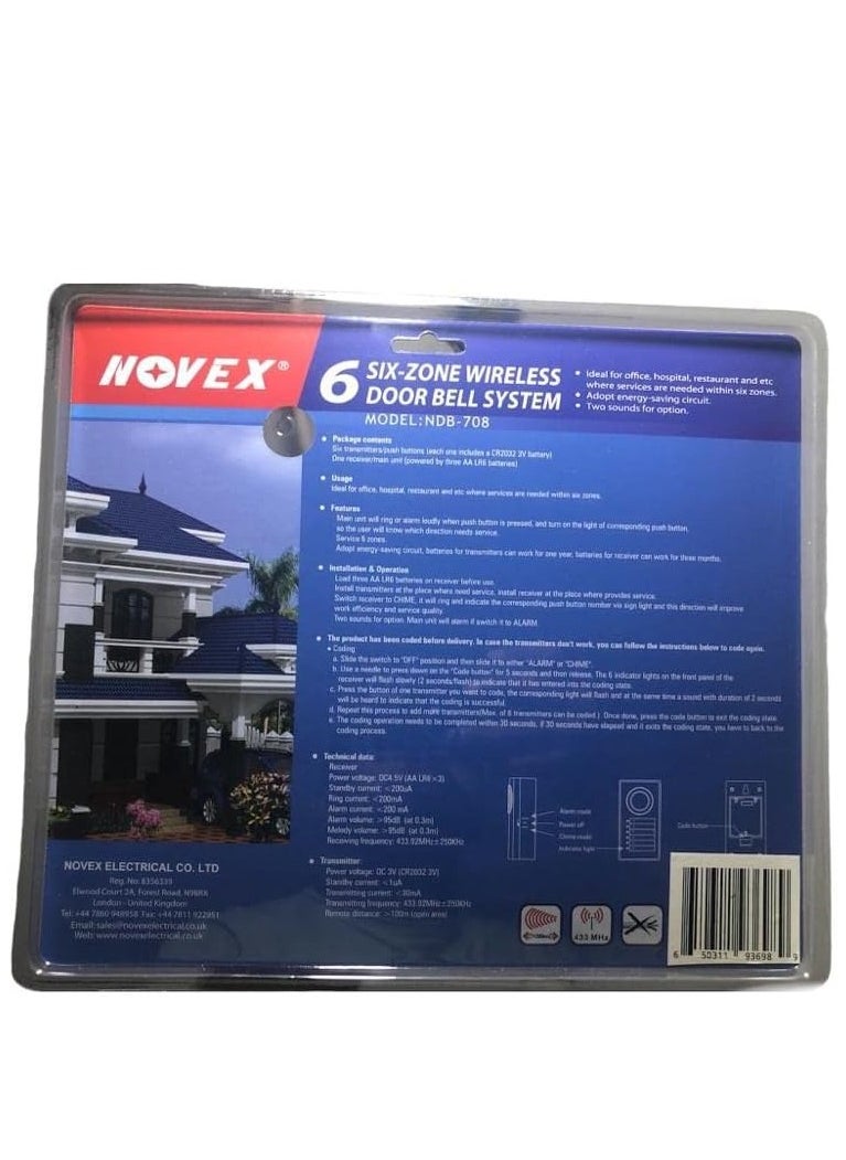 NOVEX 6-ZONE WIRELESS DOOR BELL SYSTEM—ORIGINAL,IDEAL FOR OFFICE,HOSPITAL,RESTAURANT, ETC WHERE SERVICE IS NEEDED WITHIN SIX ZONES.