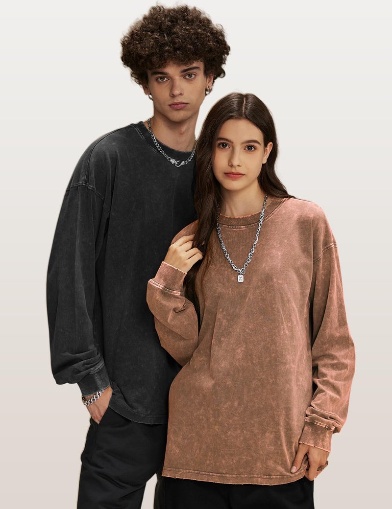 Arssm 3 Pack Mens Oversized T-Shirts Cotton Long Sleeve Tshirts Vintage Acid Wash Baggy Tees(BlackKhakiArmy-XL) - Image 2