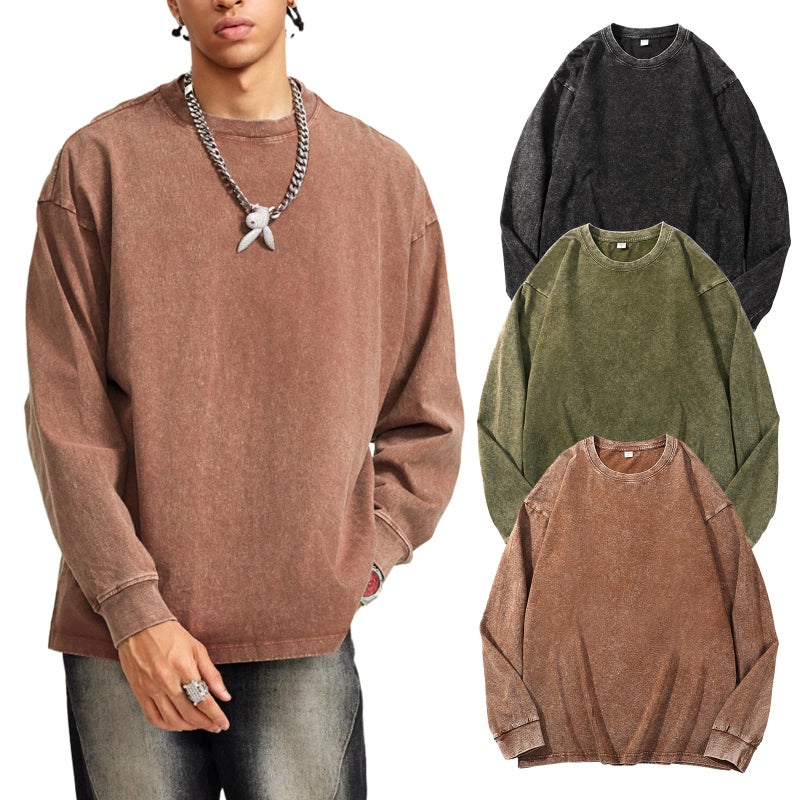 Arssm 3 Pack Mens Oversized T-Shirts Cotton Long Sleeve Tshirts Vintage Acid Wash Baggy Tees(BlackKhakiArmy-XL) - Image 1
