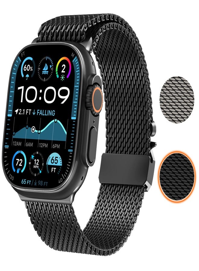 WINGLE Milanese Loop for Apple Watch Band Ultra 3/2/1 Band Ultra 49mm Series 11 10 46mm 45mm 44mm SE 3/2/1 9 8 7 6 5 4 3 Men Women,Parachute-Style Buckle Stainless Steel Mesh Metal iWatch Bands, Black - Image 2
