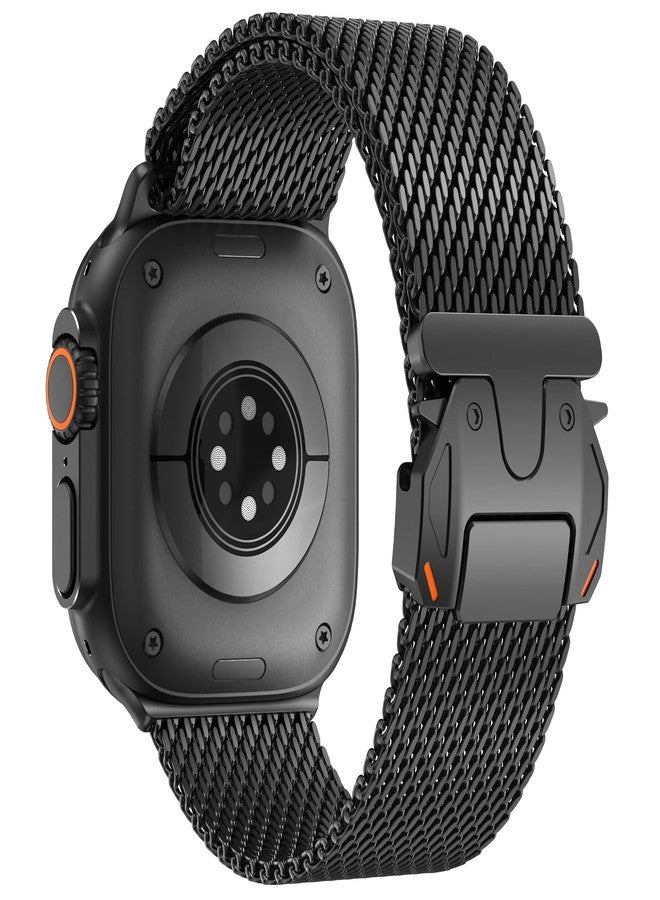 WINGLE Milanese Loop for Apple Watch Band Ultra 3/2/1 Band Ultra 49mm Series 11 10 46mm 45mm 44mm SE 3/2/1 9 8 7 6 5 4 3 Men Women,Parachute-Style Buckle Stainless Steel Mesh Metal iWatch Bands, Black - Image 1