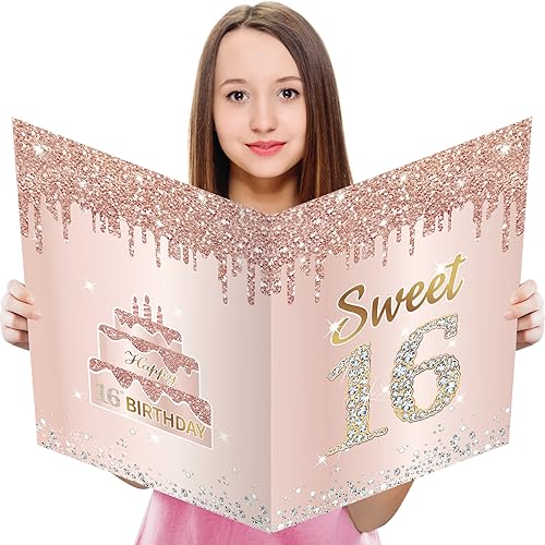 Eucutur Large Sweet 16 Birthday Card with Envelope, Jumbo Happy 16th Birthday Card Gifts for Girl, Extra Big 16 Birthday Guest Book Greeting Cards Party Supplies，Pink Rose Gold Giant Sixteen Year Birthday - Image 1