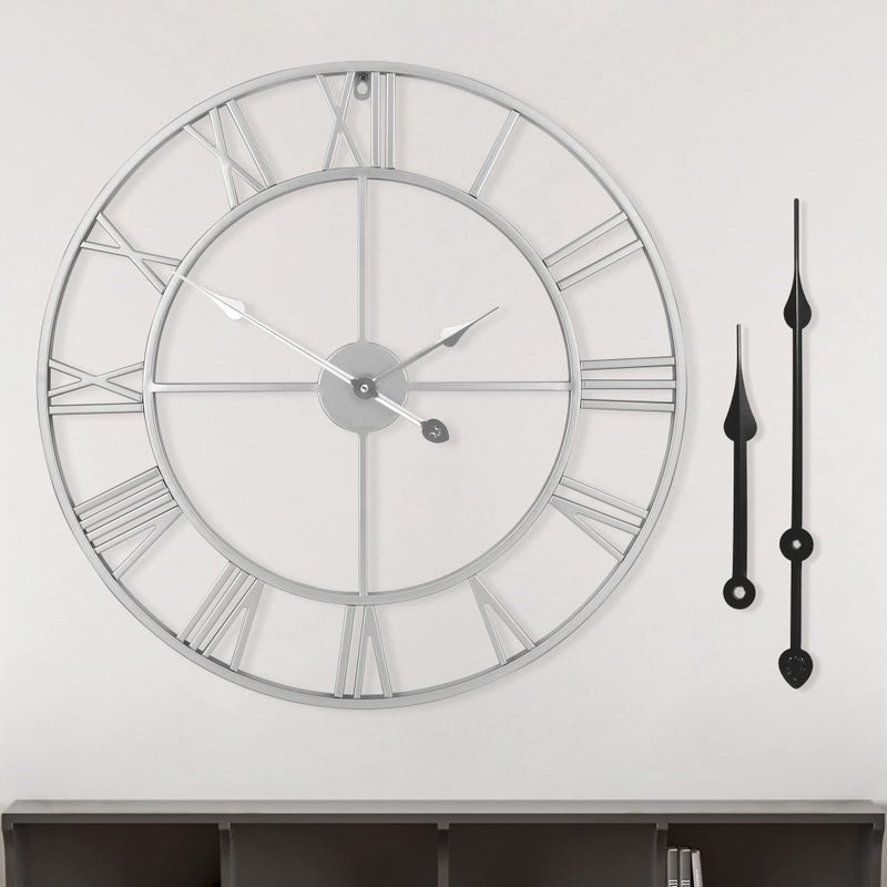LEIKE 16 Modern Large Wall ClocksVintage RoundSilent Non TickingBattery OperatedSilver Metal Roman Numerals Clock for Living RoomBedroomKitchen Decor