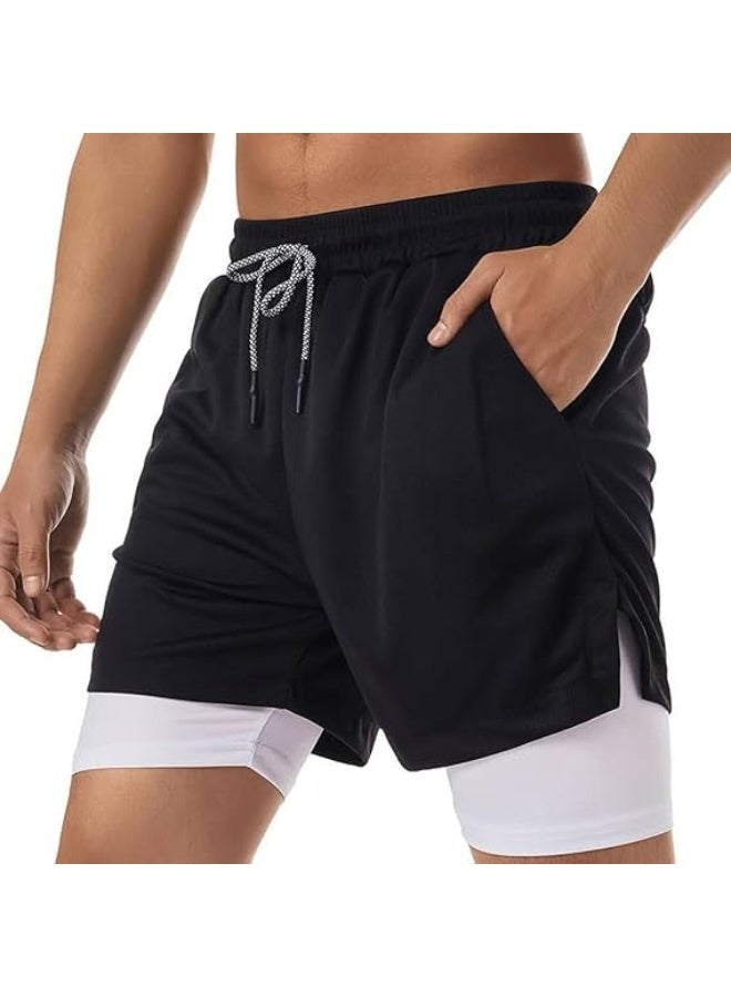 VITION Gym Shorts for Men, Men's Activewear Running Shorts,Drawstring Gym Shorts Men, 2 Layer Loose Athletic Shorts with 4 Pockets (Large, Black/White) - Image 2