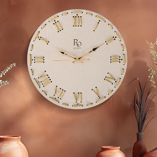 REGIIS OPERA Wooden Round Shape Roman Dial Wall Clock with Golden Hand & Golden Zari Rope Detailing | Silent Quartz Movement Anti Reflection Analog Vintage Clock for Home and Office (Ivory, 15.5 Inch) - Image 1