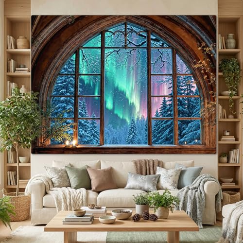 Lifeel Aurora Snowy Landscape Tapestry, Forest Winter Night Scenic Window Tapestries, Home Decor for Bedroom Living Room, 36x48 inches - Image 4