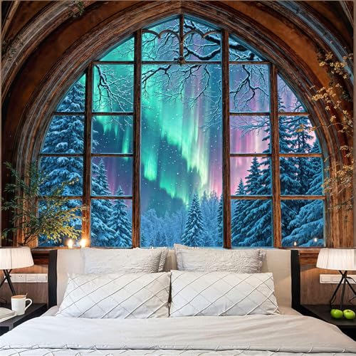 Lifeel Aurora Snowy Landscape Tapestry, Forest Winter Night Scenic Window Tapestries, Home Decor for Bedroom Living Room, 36x48 inches - Image 5