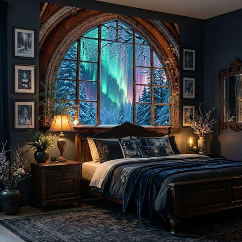 Lifeel Aurora Snowy Landscape Tapestry, Forest Winter Night Scenic Window Tapestries, Home Decor for Bedroom Living Room, 36x48 inches - Image 2