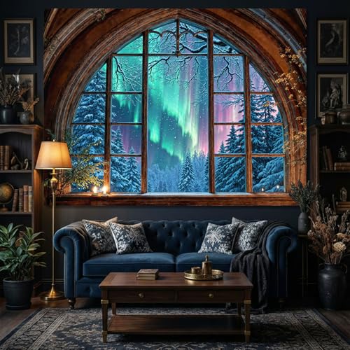 Lifeel Aurora Snowy Landscape Tapestry, Forest Winter Night Scenic Window Tapestries, Home Decor for Bedroom Living Room, 36x48 inches - Image 1
