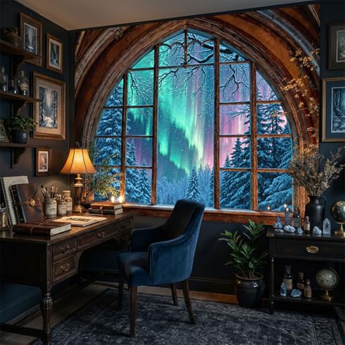 Lifeel Aurora Snowy Landscape Tapestry, Forest Winter Night Scenic Window Tapestries, Home Decor for Bedroom Living Room, 36x48 inches - Image 3