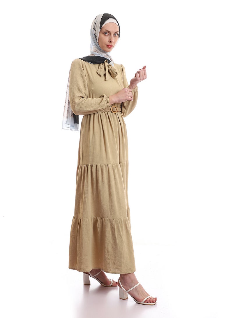 Puritopia Tiered Plain Beige Dress With Removable Belt - Image 3