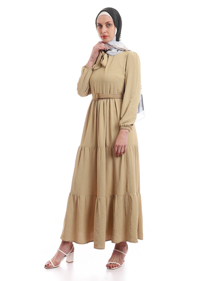 Puritopia Tiered Plain Beige Dress With Removable Belt - Image 2