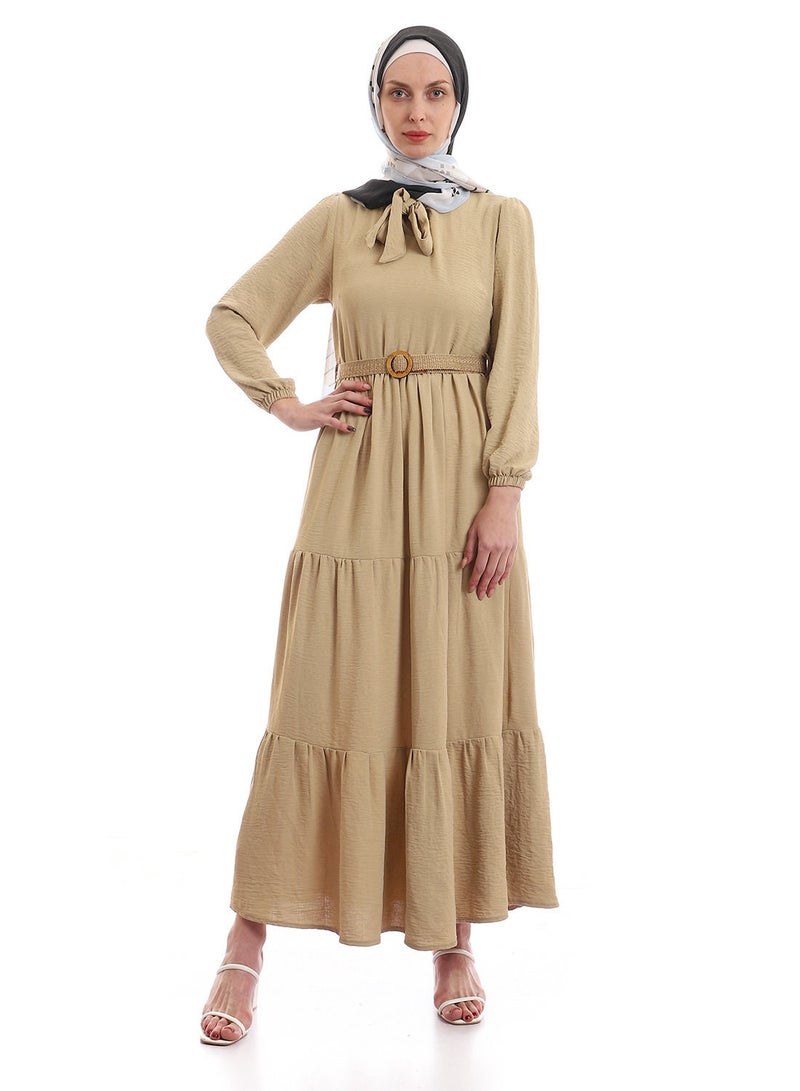 Puritopia Tiered Plain Beige Dress With Removable Belt - Image 1