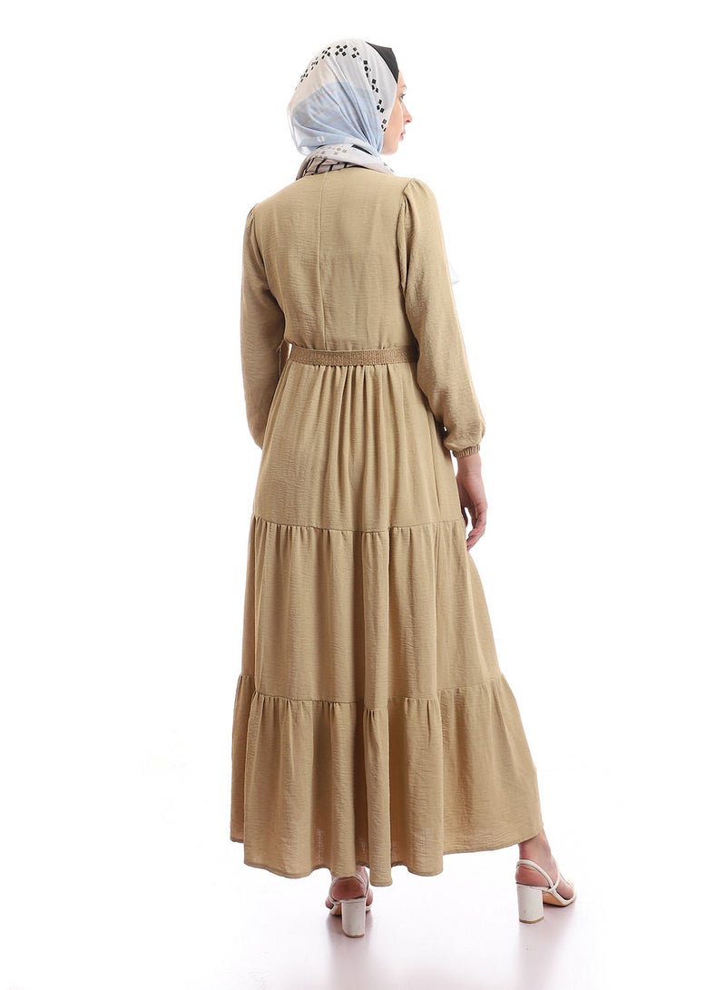 Puritopia Tiered Plain Beige Dress With Removable Belt - Image 4