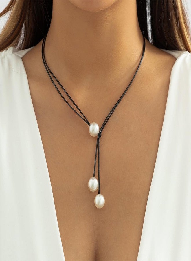 FUTIMELY Minimalist Leather Pearl Lariat Necklaces,Vintage Chunky Pearl Black Long Cord Y Necklaces,Aesthetic Valentine's Day Jewelry Accessories for Women (Black) - Image 2