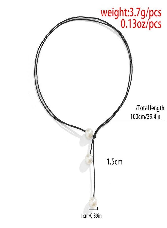 FUTIMELY Minimalist Leather Pearl Lariat Necklaces,Vintage Chunky Pearl Black Long Cord Y Necklaces,Aesthetic Valentine's Day Jewelry Accessories for Women (Black) - Image 5