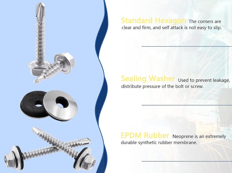 TheMujtaba Self-Drilling Screw, Zinc Plated Finish,Hex Washer Head, External Hex Drive, Sealing, Includes Washer [Pack of 100] (12 X 45) - Image 2