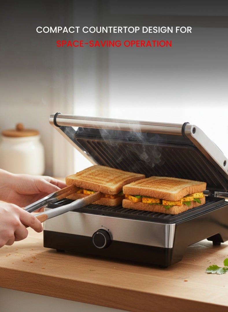 أوجيرا شواية وضاغط تجاري أوجيرا 2000 واط | تصميم كبس بصفائح غير لاصقة | تحكم قابل للتعديل في درجة الحرارة | فتح بزاوية 180 درجة | هيكل من الستانلس ستيل | قابس بريطاني | ضمان سنتين | OG1300GT | فضي وأسود - Image 4