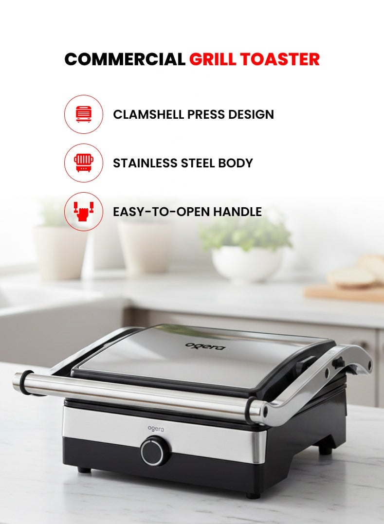 أوجيرا شواية وضاغط تجاري أوجيرا 2000 واط | تصميم كبس بصفائح غير لاصقة | تحكم قابل للتعديل في درجة الحرارة | فتح بزاوية 180 درجة | هيكل من الستانلس ستيل | قابس بريطاني | ضمان سنتين | OG1300GT | فضي وأسود - Image 1