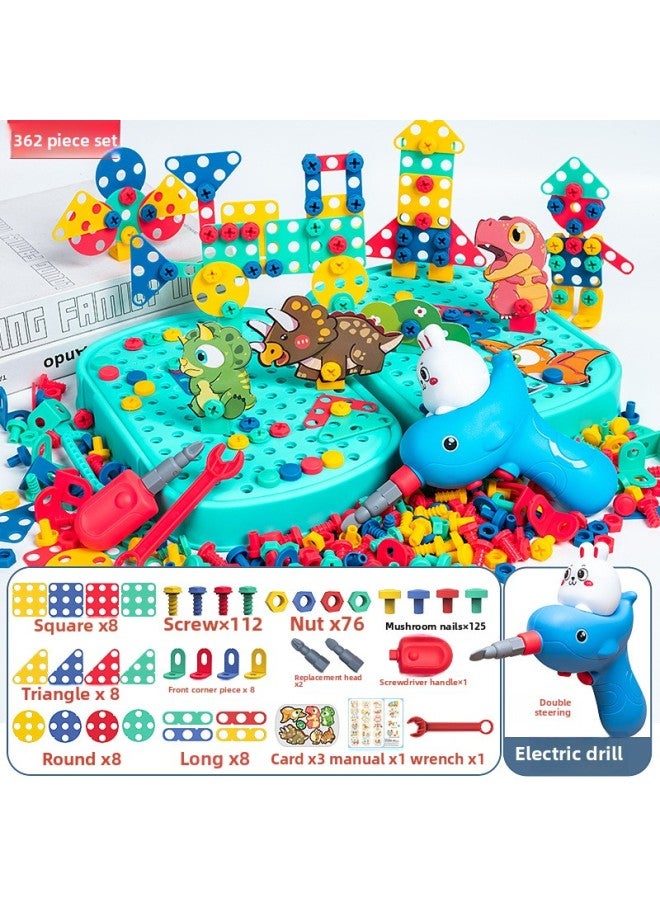 Diy Assembling Screw Tool Children's Electric Drill Screw Toy Dinosaur Set Box Puzzle Simulation Nut Combination-Color:[Green] Dinosaur Electric Drill 362-piece Set [e-commerce Box]]  - Image 1
