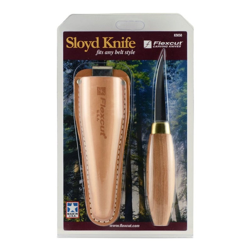 سكين فليكس كات Sloyd KN50 بشفرة من فولاذ الكربون العالي 1095 تصميم كامل الطول 7 12 بوصة طول إجمالي 2 78 بوصة شفرة مقبض من خشب الكرز يتضمن غلاف جلدي صنع في الولايات المتحدة الأمريكية