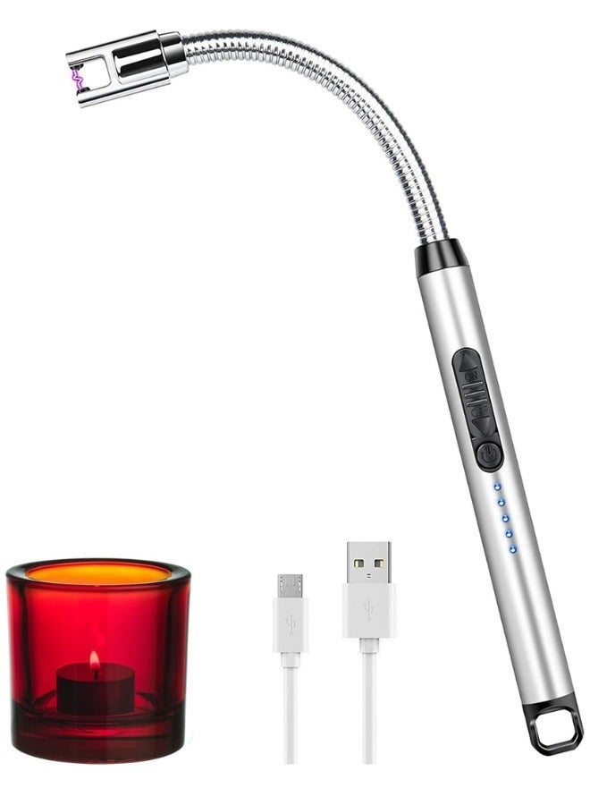 ولاعة كهربائية، ولاعة قابلة لإعادة الشحن بمنفذ USB C مع مفتاح أمان، ولاعة إلكترونية طويلة مقاومة للرياح بدون لهب للشموع والشواية وموقد الغاز والمطبخ والتخييم-سيلفر - Image 1
