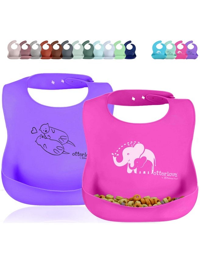 otterlove - Platinum Silicone Bib - Waterproof Bibs with Wide Food Catching Pocket-Easy Clean-Mess Proof-Dishwasher Safe-Baby Bibs 6-48 months(2 Bib Pack - Pink Elephants & Purple Otters) - Image 1