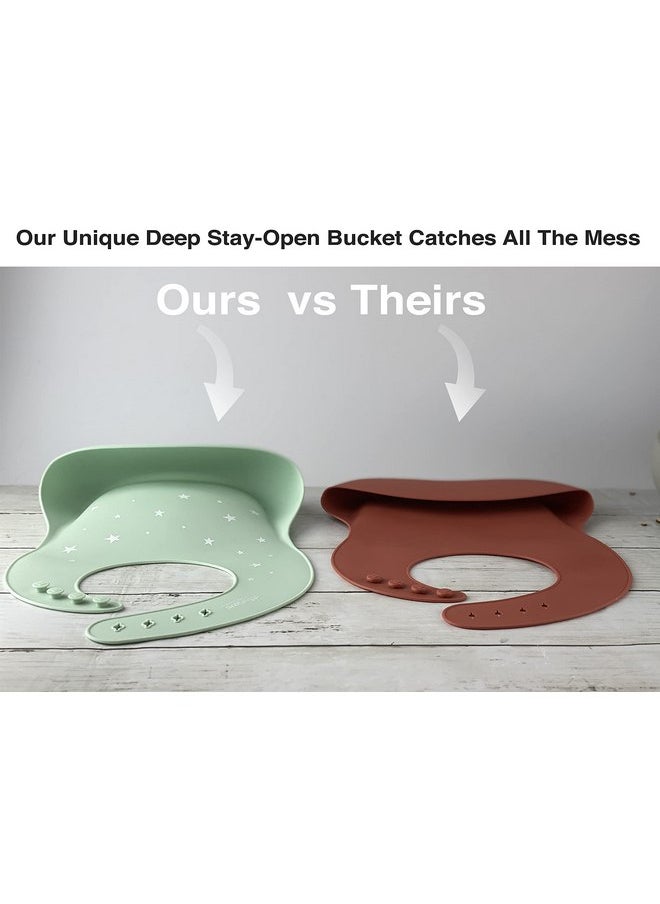 otterlove - Platinum Silicone Bib - Waterproof Bibs with Wide Food Catching Pocket-Easy Clean-Mess Proof-Dishwasher Safe-Baby Bibs 6-48 months(2 Bib Pack - Pink Elephants & Purple Otters) - Image 1