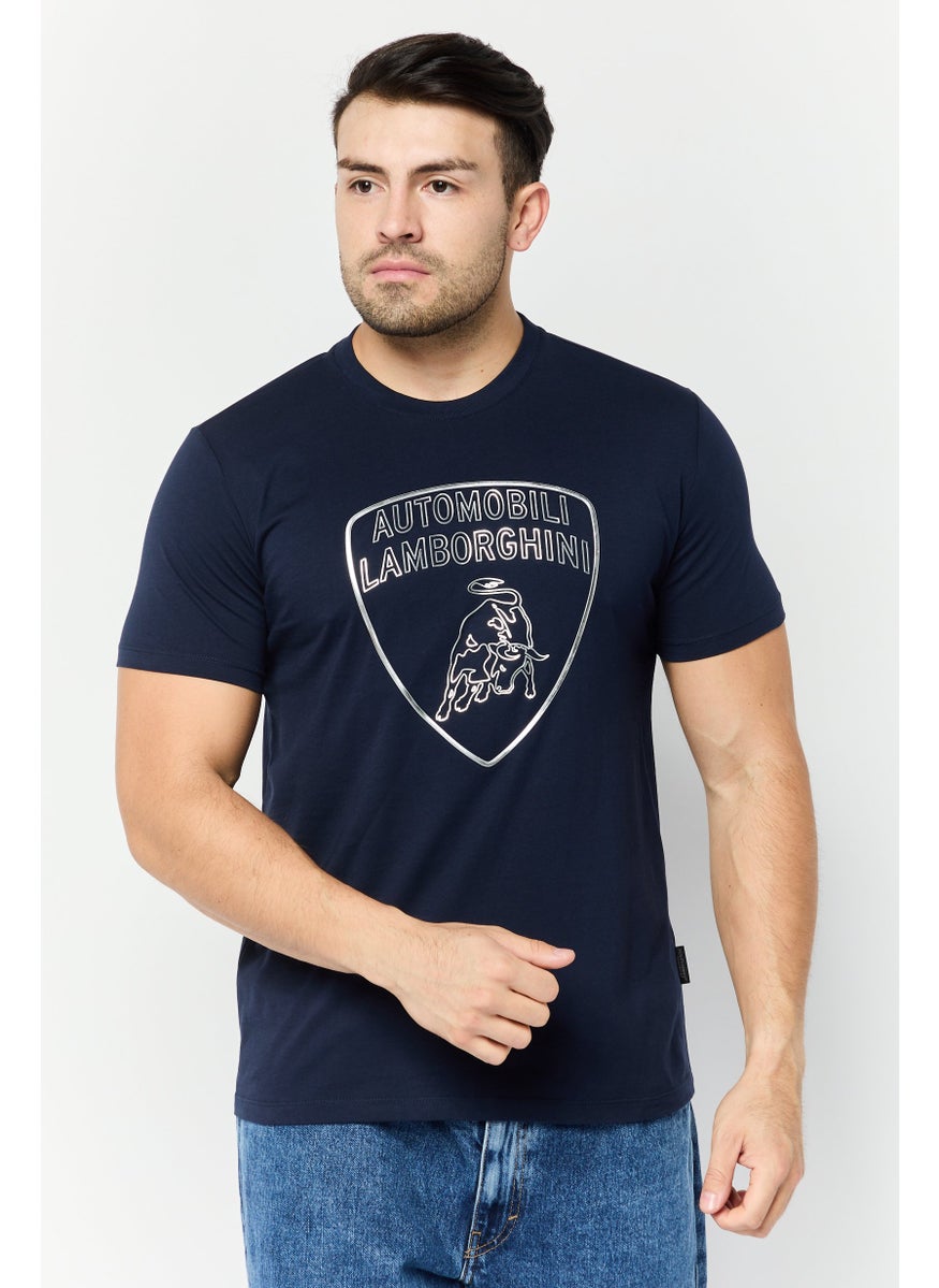 LAMBORGHINI - Men Crew Neck Short Sleeves Brand Logo T-Shirts, Navy Blue - Image 1