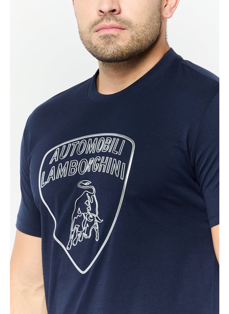 LAMBORGHINI - Men Crew Neck Short Sleeves Brand Logo T-Shirts, Navy Blue - Image 1